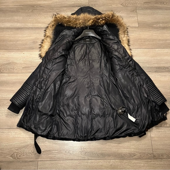 Rudsak navy down winter coat with leather waistband and details - Picture 5 of 16